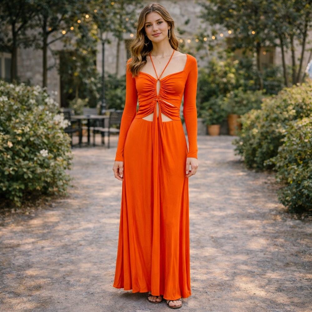 Proenza Schouler Long Sleeve Matte Jersey Orange Drawstring Cutout Maxi Dress 6